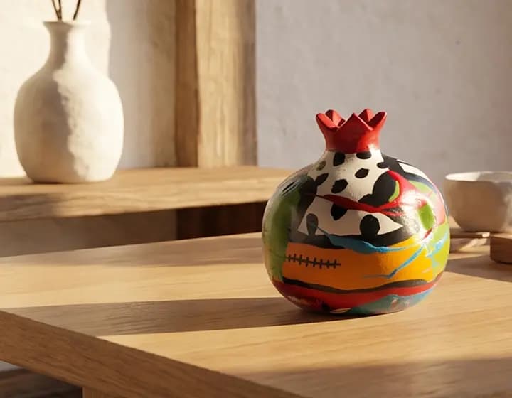 A ceramic vase resting on a wooden table
