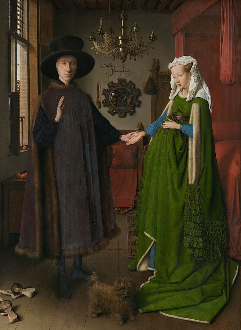 “The Arnolfini Portrait”, Jan van Eyck, 1434, oil on oak panel of 3 vertical boards