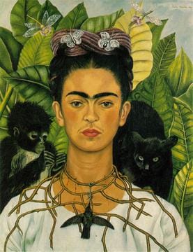 “Self-Portrait with Thorn Necklace and Hummingbird”,  Frida Kahlo, 1940, oil on canvas on masonite