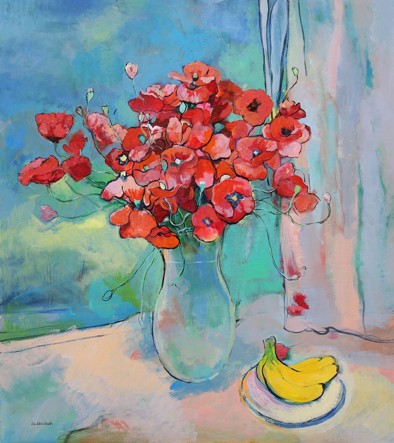 Poppies with bananas by Artem Andreichuk, 2024, canvas, acrylic 